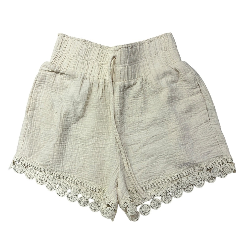 Womens Gauze Crochet Lace Trim Shorts Elastic Waist Beach Cover Up Shorts